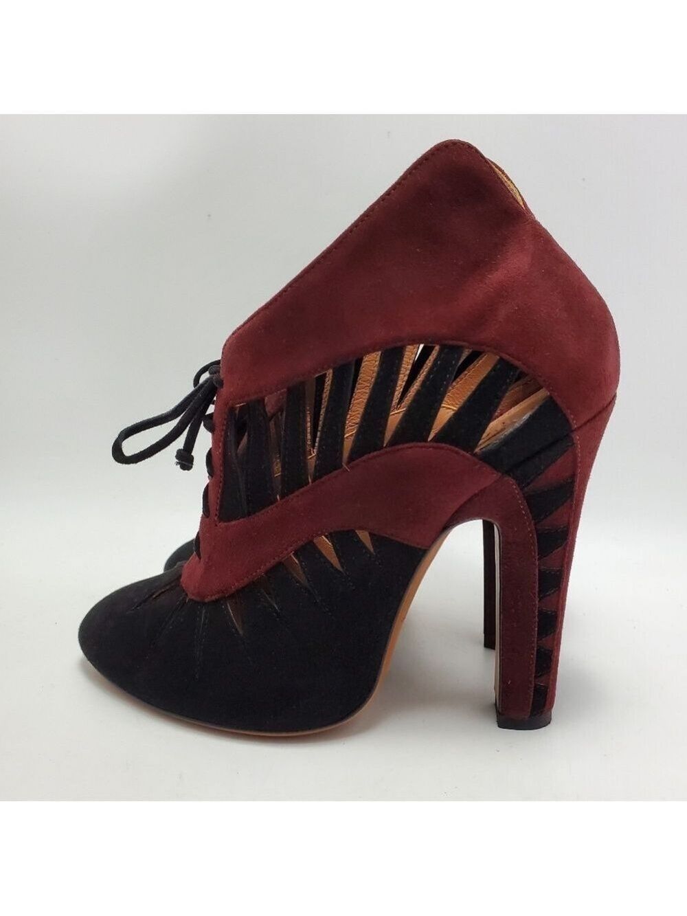 Alaia Suede Leather Cutouts Two Toned Lace Up Pumps Booties Block Heels Size 37